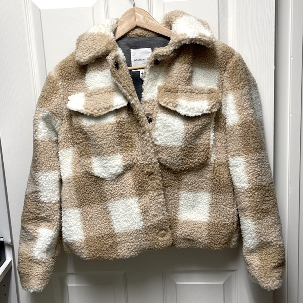 Avec Les Filles Sherpa Plaid Snap Button Shirt/Jacket Shacket Size Small